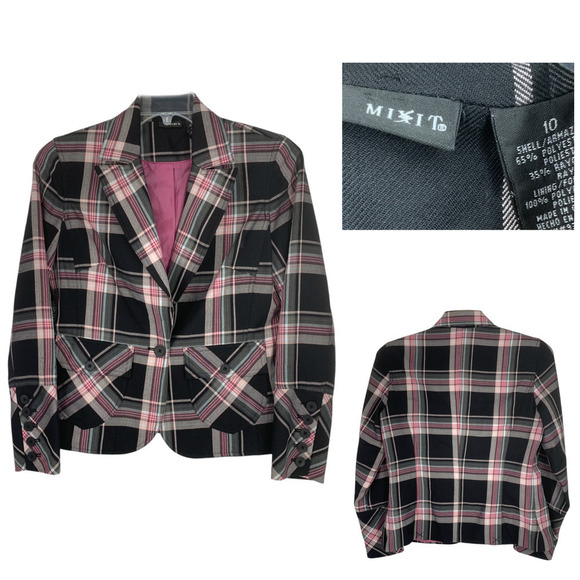 Vintage 1990's Mixit Sz 10 Pink Plaid Shrunken Blazer Jacket Clueless Friends - Picture 1 of 11
